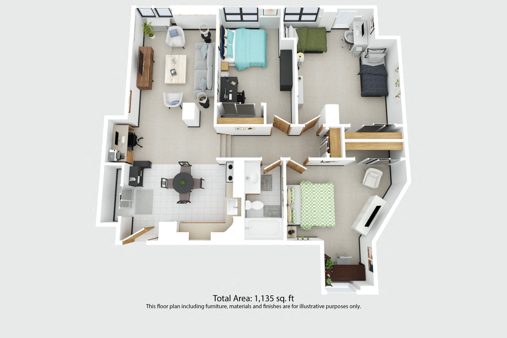 Floor plan for 3 beds, 1 bath, 1000 sqft